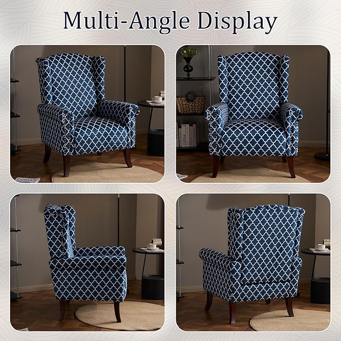 MOJAY Modern Accent Chair Comfy Wingback Armchair Blue Plaid Club Chair with Wooden Legs for Living Room Bedroom Office or Balcony
