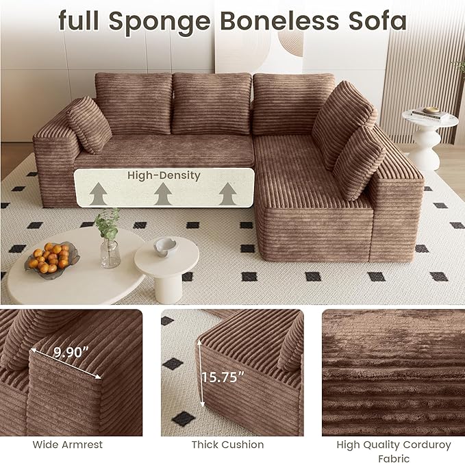 L Shaped Cloud Sectional Sofa Boneless Couch Sectional Couches for Living Room Modern Cozy Corduroy Deep Seat Sleeper Sofa No Assembly Required (Right Facing Chaise Brown)