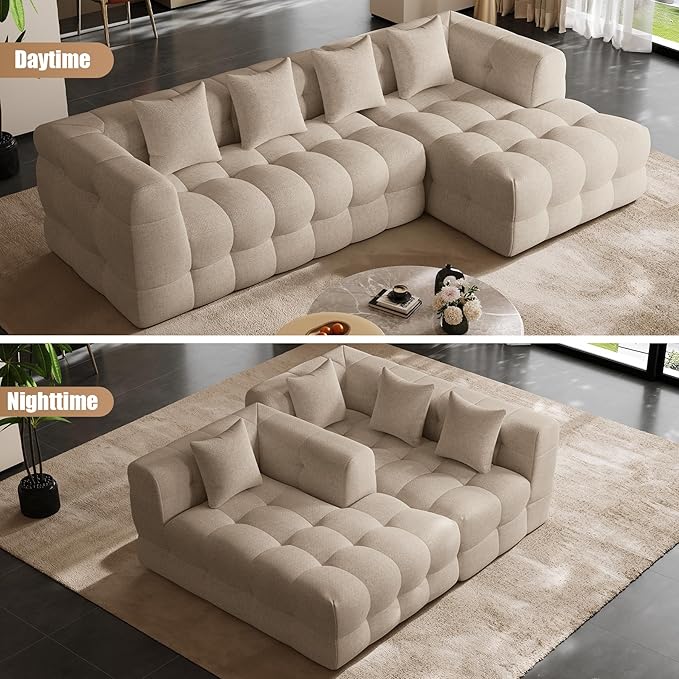 120 Boneless-Couch L-Shaped Sofa for Living Room Cloud Couch with Chaise Lounge Sectional Upholstered Chenille Deep Seat Couches with 4 Pillows No Assembly Required Light Brown