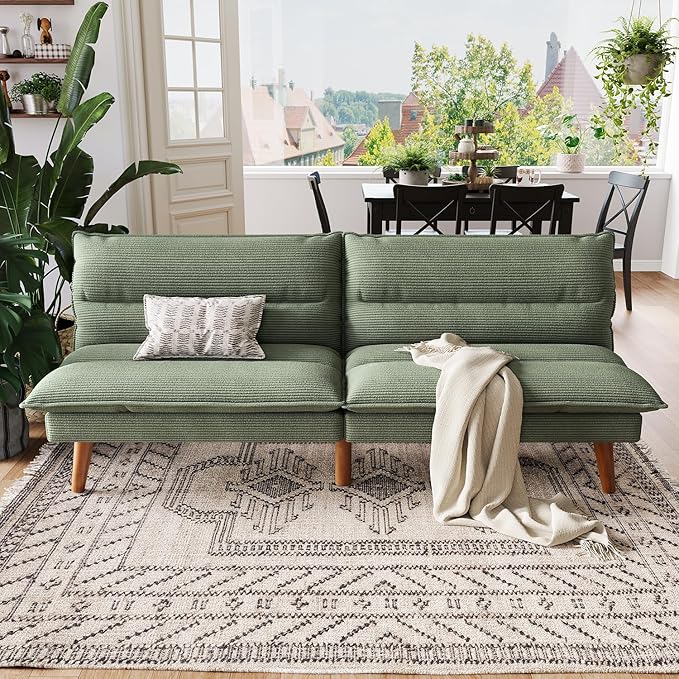 LINSY Futon Sofa Bed: Corduroy Futon Couch with Adjustable Backrest Comfy Loveseat Convertible Folding Sleeper Sofa Couches for Small Spaces Living Rooms Apartment Office Green