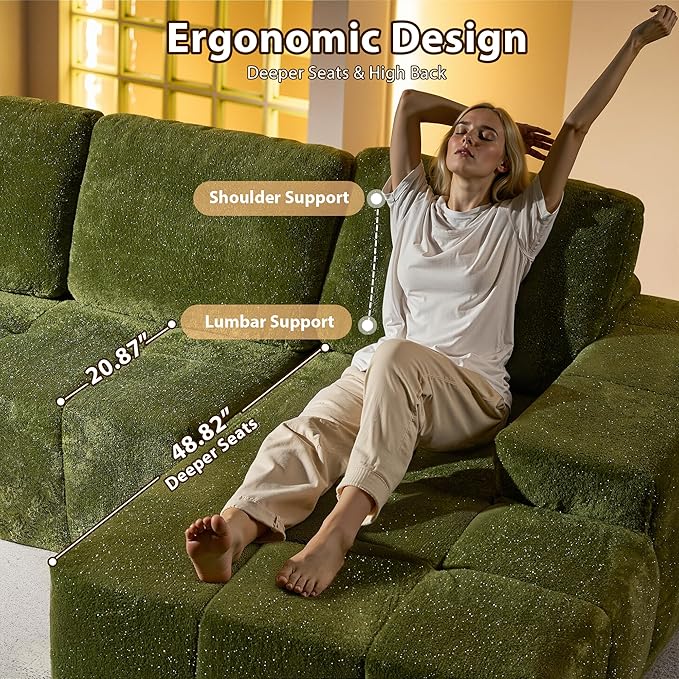 114 Modular Sectional Sofa with Ottoman Silver Luminous Boneless L-Shape Couch with Deep Seat Assembly Free Sectional Sofa for Living Room (Green Right Chaise)