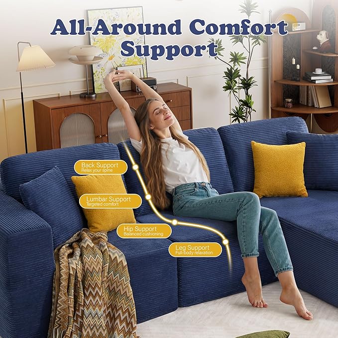109” Cloud Sectional Couch Boneless Modular Sofa with L-Shape Chaise Deep Seat Corduroy Couch No Assembly Required Modern Upholstered Sectional for Living Room Apartment Bedroom