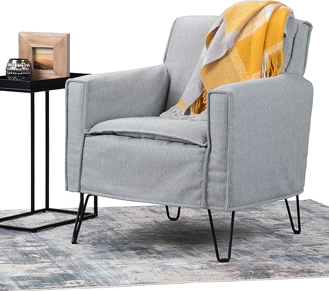 SIMPLIHOME Warren 28 inch Wide Mid Century Modern Accent Chair in Woven Fabric in Cool Grey with Removable Slip Cover Metal Hairpin Legs Simple Assembly Just Attach Legs
