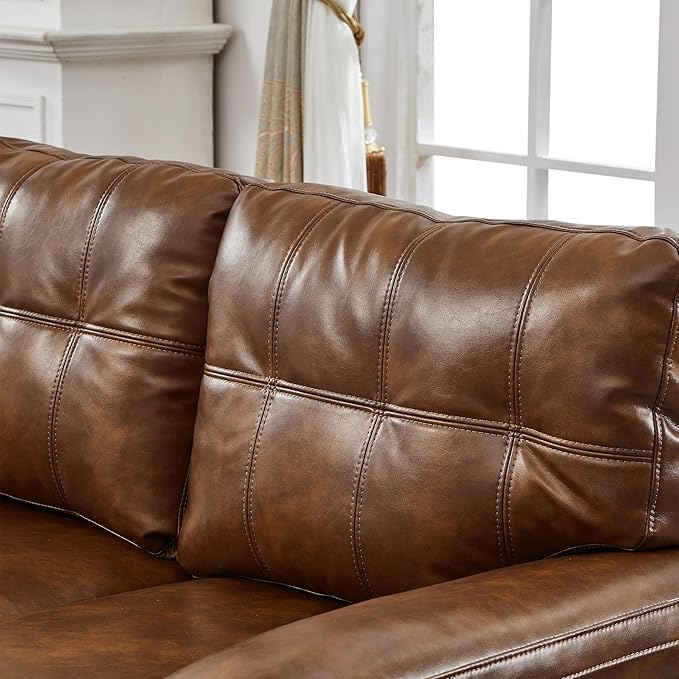 2 Piece Brown Leather Sofa Set with Storage Mid-Century Modern Tufted Retro Vintage Faux Leather Couch and Loveseat Living Room Sets Comfy Cloud Upholstered Furniture(Brown 2+3 Seater Couch Set)