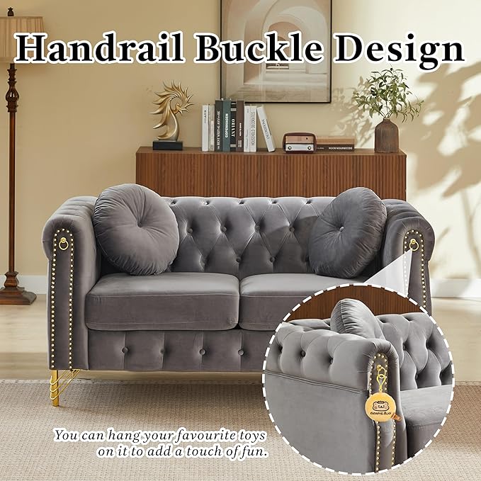 37 Velvet Chesterfield Single Sofa Sets with Two Pillows Featuring Copper Stud Detailing (Grey 37 Single Sofa)