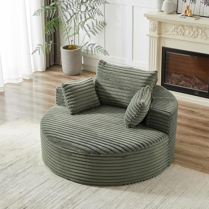 55 inch Chaise Lounge Chair Indoor Oversized Round Accent Chair Modern Corduroy Sponge Single Sofa Fluffy Sleeper Chair Deep Seat Comfortable Chair for Living Room Bedroom Apartment Green