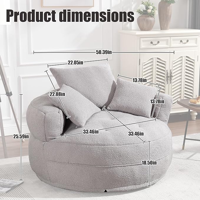 QQU 48“ W Oversized Round Barrel Chair with 3 Pillows Large Round Lounge Barrel Chair for Home Oversized Leisure Single Sofa with Armrests Circle Couch for Living Room Apartment Grey