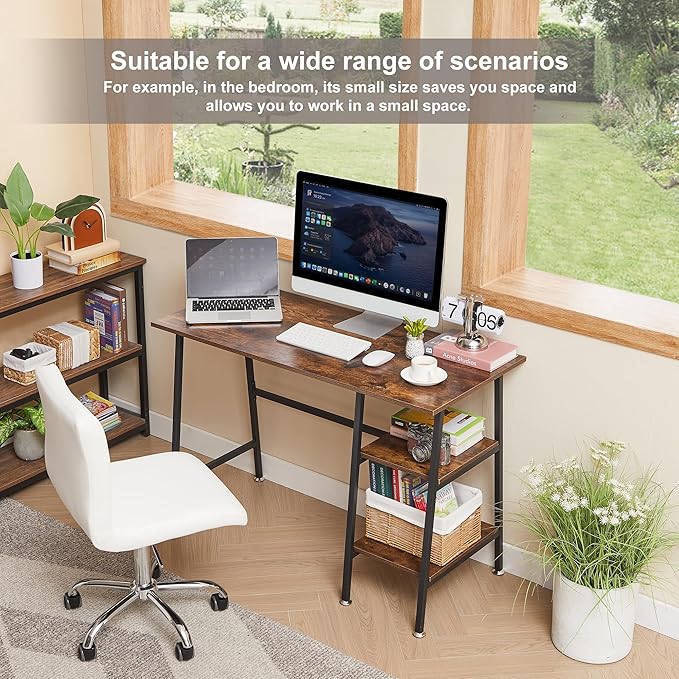 VECELO 43.1 Inch Computer Desk Home Office Walnut Study Desk Work Office Table with Shelves Wooden Desk for Bedroom