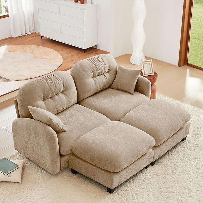 mikibama 74 Chenille Loveseat with OttomansModern Modular Sectional 2 Seater Cloud Sofa Couch with Deep SeatDouble Chaise Lounge Chairs with Curved Arms for Living RoomSmall Spaces(Camel2S+2O)