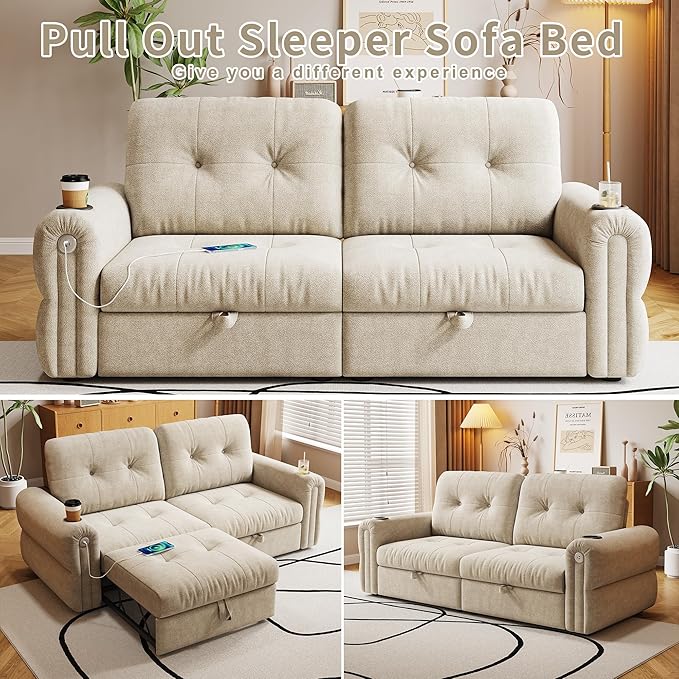 80.4 Convertible Sofa Bed with Cup Holders and Adjustable Backres Chenille Loveseat Sleeper Sofa with Pull Out Bed and USB Charging 3 in 1 Multi-Functional Couches (Beige 80.4-inch)