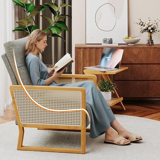 Linen Accent Chair Living Room Chairs with Rattan Arms Armchair with Ash Wood Legs for Reading Brownish Gray
