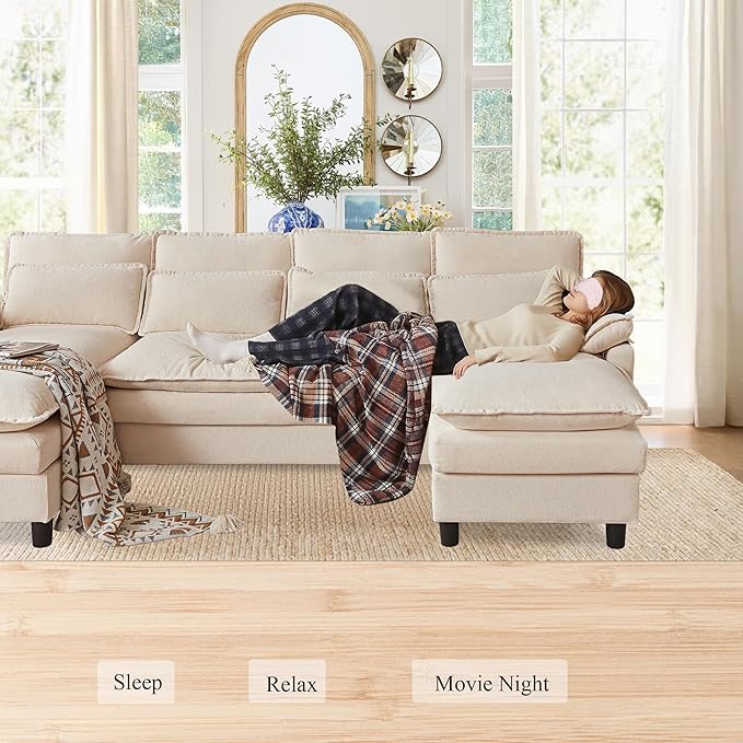 105 U Shaped Cloud Couch Sectional 4 Seat Home Sofa Living Room Comfy Couches with Storage Ottoman Double Layer Cushion Modular Sofas for Bedroom Apartment and Office Beige