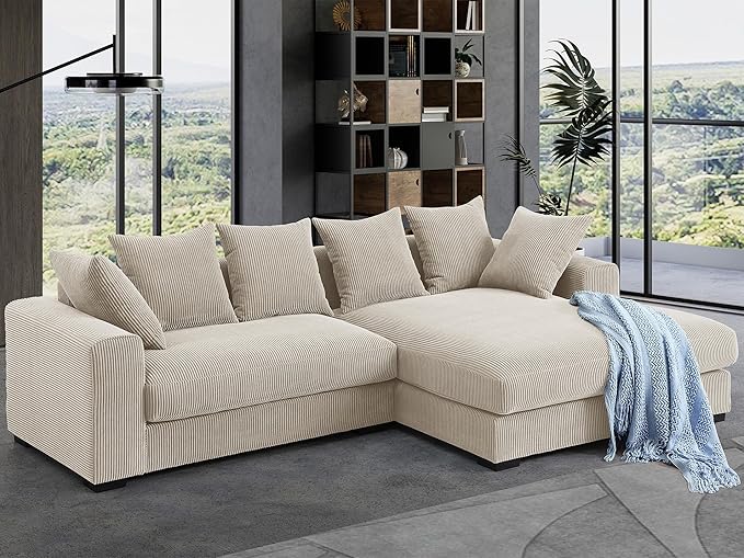 WILLIAMSPACE 109.75 Corduroy Sectional Sofa Couch for Living Room Modern Upholstered L-Shaped Sofa with Right-Facing Chaise Lounge Contemporary 4-Seat Couch with 6 Pillows (Beige)