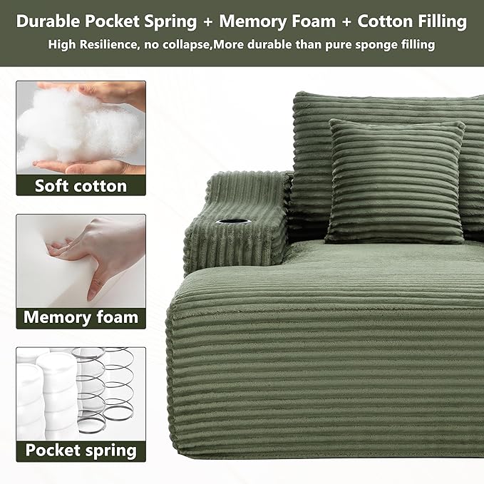 PELUMY 67 Oversized Chaise Lounge Sofa Bed Corduroy Boneless Sleeper Sofa with 2 Pillows &amp 2 Cup Holders Plush Cloud Couch for Living Room No Assembly Required (Green)