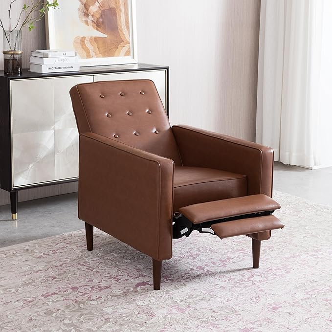 Mid-Century PU Leather Rocker Recliner Chair with Tufted Design Adjustable Single Recliner Sofa with Thicker Seat Cushion with Pocket for Living Room Bedroom Apartment (Light Brown Style1)