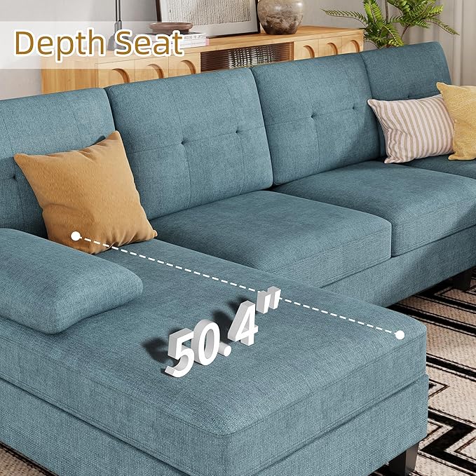 JAMFLY 107 U-Shaped Modern Sofa Modular Sectional Cloud Couch with Chaise 4-Seat Deep Seat Sofa for Living Room Bedroom and Apartment Blue