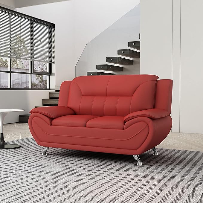 Michael Modern Faux Leather Upholstered Stainless Steel Legs Living Room Loveseat Persian Red