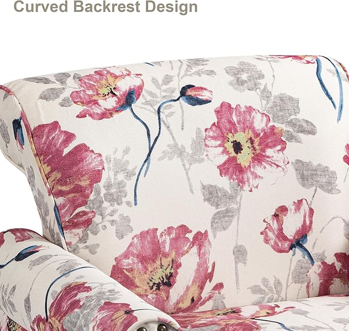 Accent Chair Upholstered High Back Floral Armchair with Nailhead Trim &amp Wood Legs Comfy Wingback Reading Single Sofa Chair for Small Spaces Living Room Bedroom-White Floral Set of 1