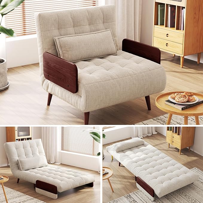 JASIWAY Convertible Sleeper Chair Bed for Adults 3 in 1 Linen Convertable Futon Chair with Pillow Fold Out Single Sleeper Couch Guest Bed for Small Spaces Bedroom Mid-century with Walnut Arm 28.4