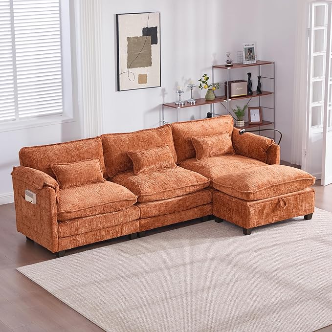 KEIKI 110 L-Shaped Boucle Modular Sectional Chenille Sofa with Ottoman &amp Memory Foam Cushion &amp Phone Holder &amp USB Upholstered Modern Oversized 4-Seater Couch Easy Assembly for Living R
