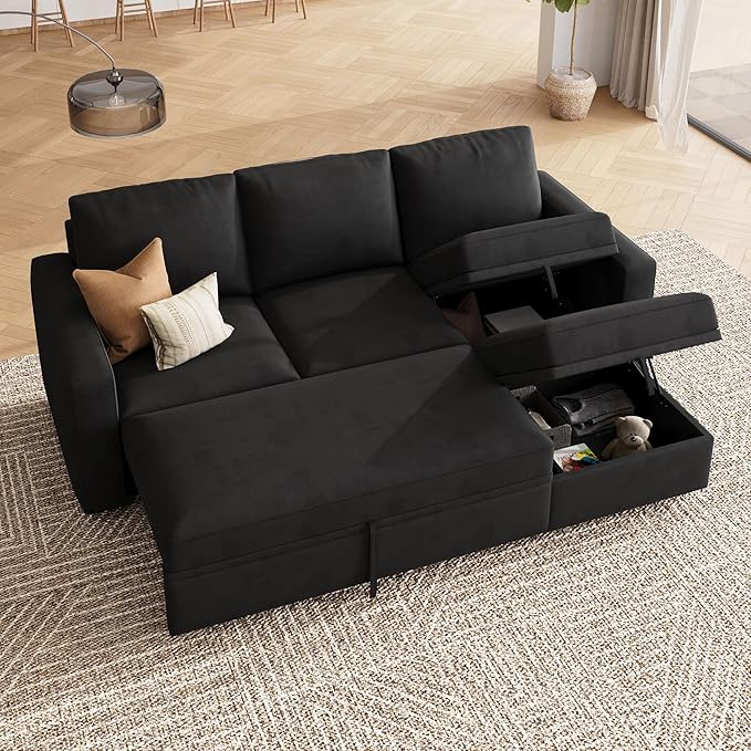 HONBAY Modular Sectional Sleeper Sofa with Pull Out Bed L Shaped Couch with Storage Seat Modular Sectional Couches for Living Room - Black