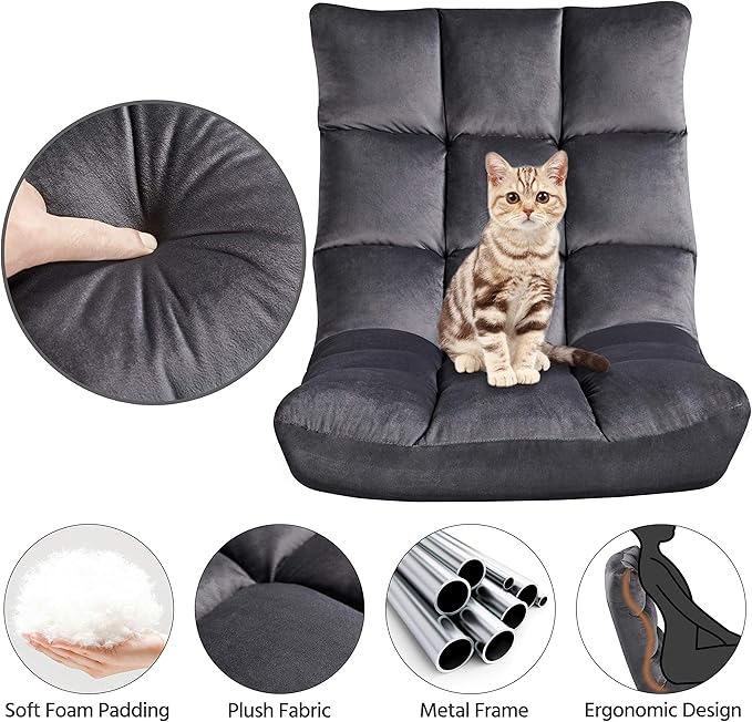 Topeakmart Floor Folding Chair with 14 Adjustable Positions Portable Padded Lounge Chair with Backrest Lazy Sleeper Recliner for Living Room Bedroom Gray Set of 2