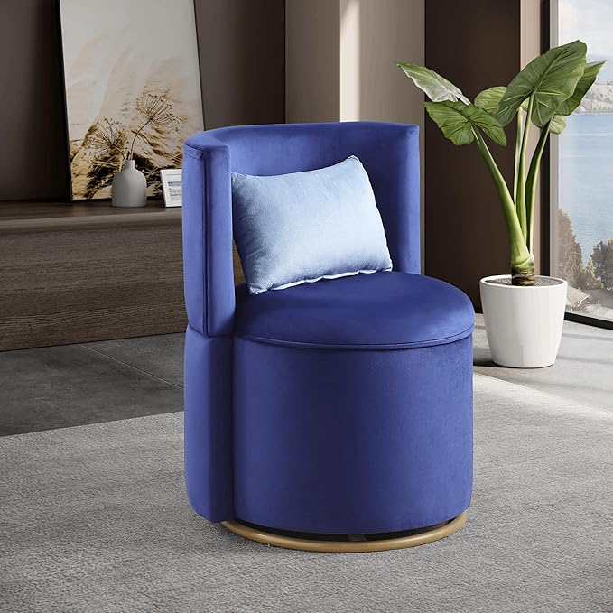 Vanity Chair with Storage Velvet Button Tufed Upholstered Vanity Chair with Gold Metal Swivel Base Hollow Back (Blue)