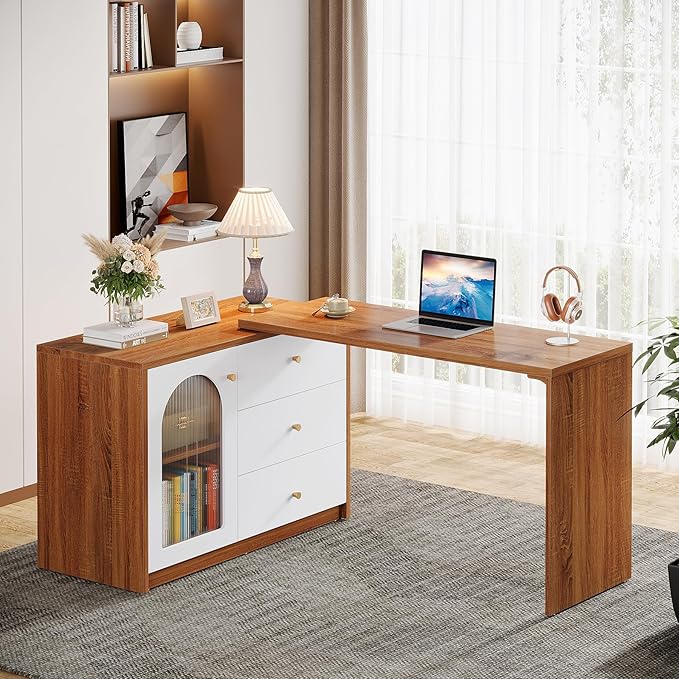 Tribesigns L Shaped Computer Desk with Drawers Modern Corner Home Office Desk with Reversible Storage Cabinet Long Study Writing Desk Workstation for Home Office Rustic Brown