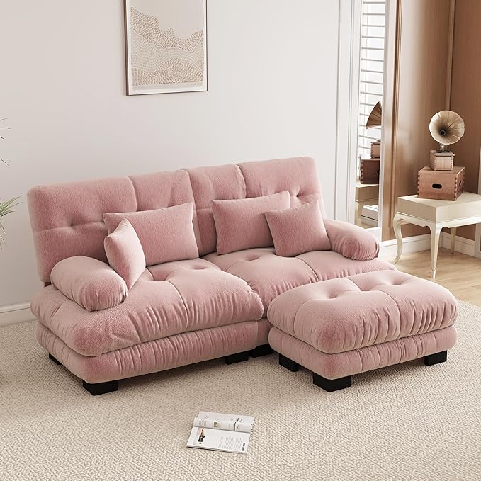 94.4 L-Shape Modular Cloud Sectional Sofa with Chenille Plush Fabric - 2 Seater Couch with Deep Seat and Movable Ottoman for Living Room Apartment and Office - Pink