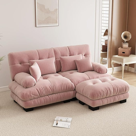 94.4 L-Shape Modular Cloud Sectional Sofa with Chenille Plush Fabric - 2 Seater Couch with Deep Seat and Movable Ottoman for Living Room Apartment and Office - Pink