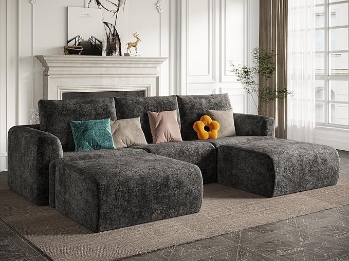 EASE MOOSE Cloud Couch Sectional Sofa Large U-Shaped Oversized Modular Couch for Living Room Minimalist Boneless Couches with Ottoman 5-Seat Deep Sofas for Bedroom Chenille (Dark Grey)