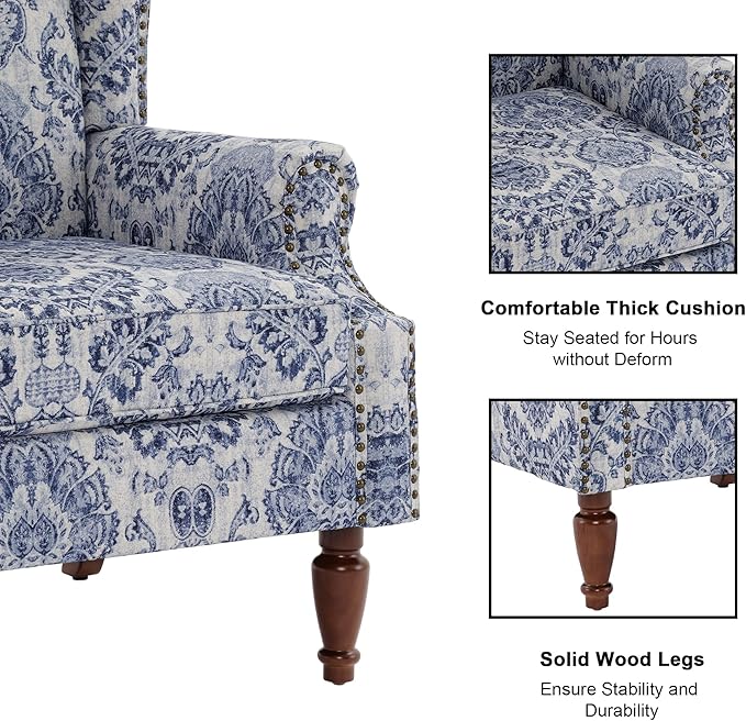 Floral High Back Accent Chair Upholstered Armchair with Solid Wood Legs Comfy Wingback Reading Single Sofa Chair for Small Spaces Living Room Bedroom(Floral Navy Blue Set of 2)
