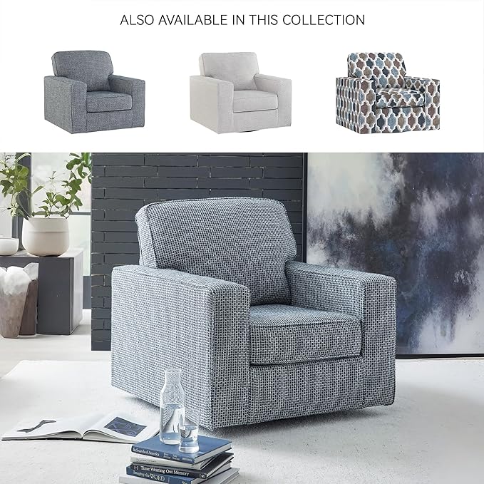 Signature Design by Ashley Olwenburg Casual Swivel Accent Chair with Track Arms Metal Swivel Base and Removable Cushions Blue