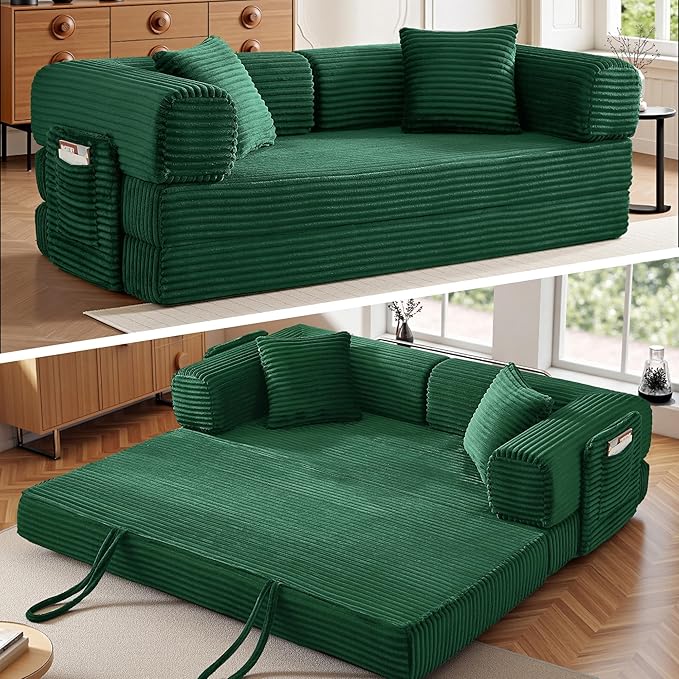 Boneless Couch Futon Sofa Bed Sectional Couches for Living RoomCloud Couch with Sleeper SofaSofas for Living Room Oversized Corduroy Upholstered (Green 81 Inches (with Iron Frame))