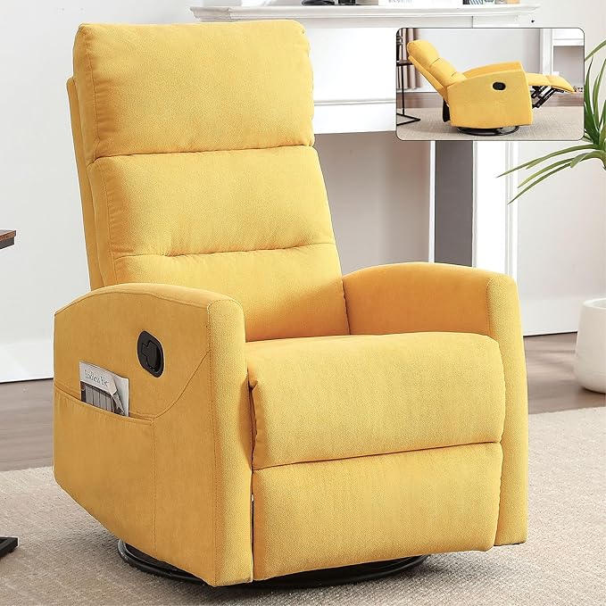 Slim Swivel Rocking Chair Recliner with PocketsLazy Boy Recliners for for AdultsSmall Recliner Chair for Small Spaces Manual Reclining Chair for Living Room Bedroom Adjustable Backrest (Yellow)