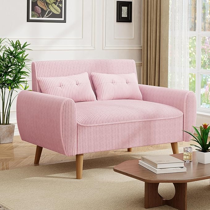 JAMFLY Pink Loveseat Sofa 47.2'' Modern Small Space Sofa Set High Density Sponge Linen Wood 350 lbs Capacity