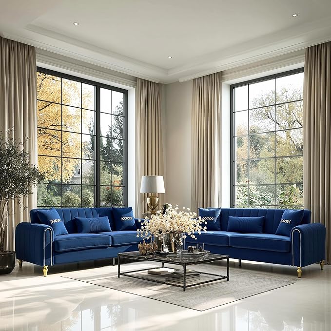 87.5 Modern 3-Seater Velvet Couch with Metal Legs &amp Decorative Pillows High Resilience Sponge Spring Seat Luxury Sectional Loveseat Sofa for Living Room Apartment Small Space Blue
