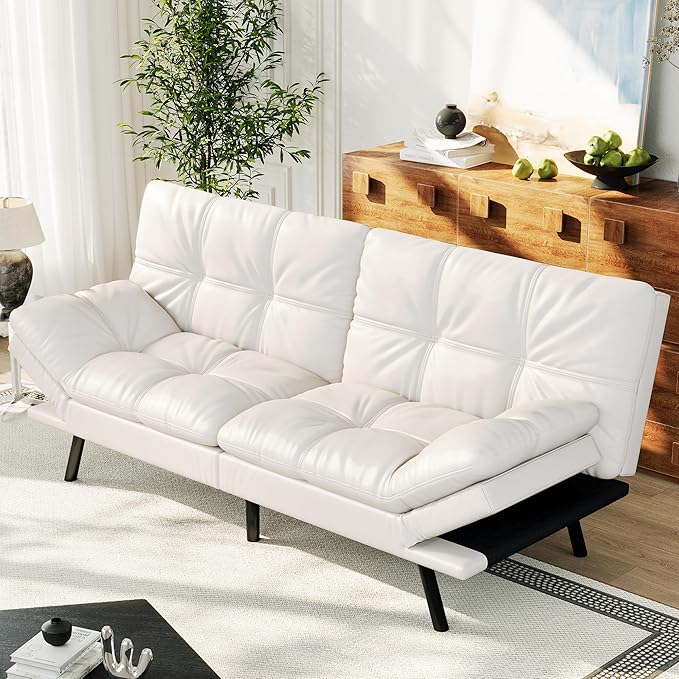Convertible Faux Leather Sofa CouchMemory Foam Futon Couch BedSmall Splitback Modern Loveseat Sleeper Sofa Bed for Living Room Office Apartment Pear White
