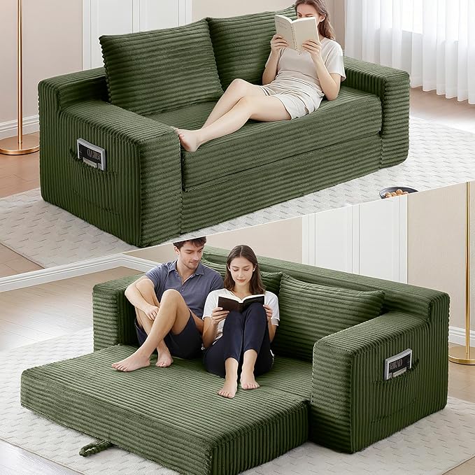 73 Convertible Sofa Bed Pull Out Loveseat Sleeper Sofa with Side Pockets 2 in 1 Folding Couch Bed Fold Out Floor Couch Lounge Sofa with 2 Pillows for Living Room Apartment (Green)