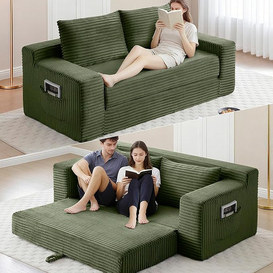73 Convertible Sofa Bed Pull Out Loveseat Sleeper Sofa with Side Pockets 2 in 1 Folding Couch Bed Fold Out Floor Couch Lounge Sofa with 2 Pillows for Living Room Apartment (Green)