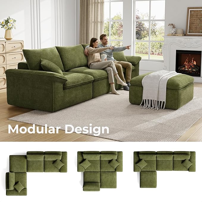 LIKIMIO 120 L-Shaped Modular Sectional Sofa Cloud Sectional Couch with Deep Seat Comfy Teddy Upholstery Oversized 3-Seater with Ottoman Boneless Couch for Living Room No Assembly Green