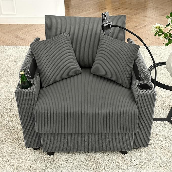 Accent Chair with Storage ArmrestComfy Living Room Chairs with 8'' CushionTwo Cup Holders A Phone Holder for Living RoomGrey