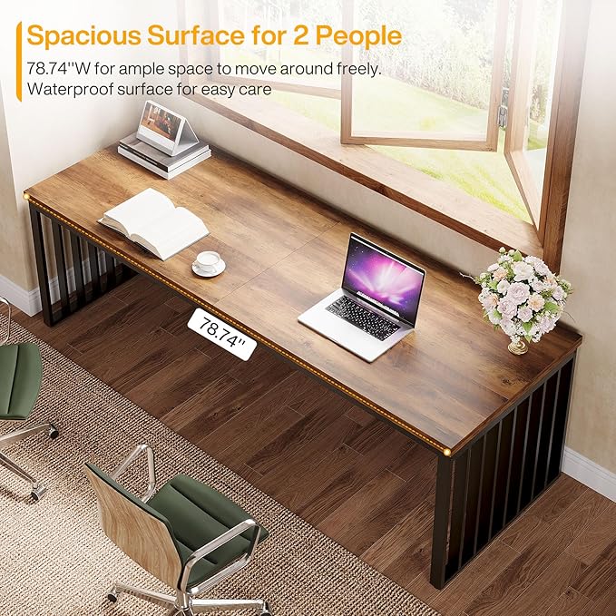 Tribesigns 2-Person Desk with Metal Frame 78.74 Double Desk for Two People Industrial Long Computer Writing Table for 2 People Home Office (Oak)