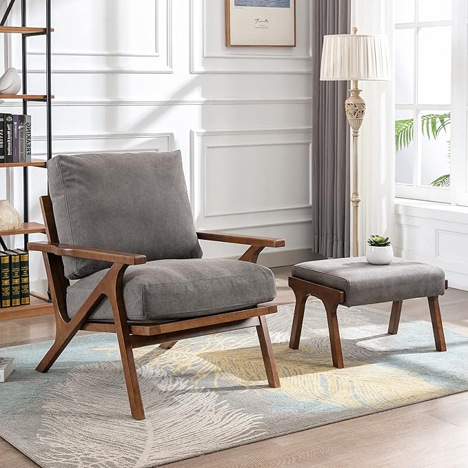 chairus Mid-Century Modern Accent Chair with Ottoman Comfy Upholstered Lounge Armchair with Removable Cushions &amp Solid Wood Frame Reading Chair for Living Room Bedroom Office Grey Denim Fabric