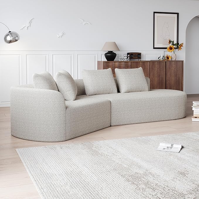 KEIKI 112 inch Curved Sectional Sofa 4 Seater Cloud Couch with 4 Throw Pillows Deep Seat Right-Facing Leisure Lounge Sofa for Living Room Beige