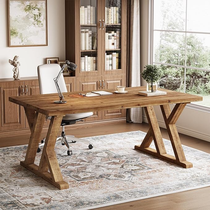 63 Solid Wood Executive Desk for Home Office Farmhouse Wooden Large Office Computer Desk Writing Study Table Business Workstation with X Shaped Legs Rustic Brown