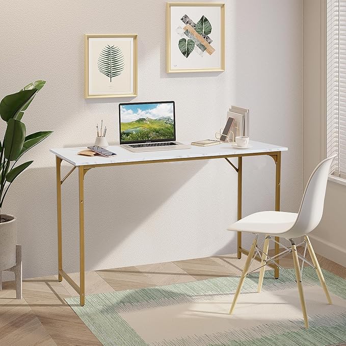 Computer Desk 48 Inch Office Desk with Metal Frame Home Office Desk Modern Simple Style for Home Office Living Room Bedroom White Gold