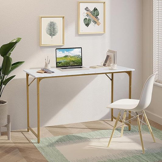 Computer Desk 48 Inch Office Desk with Metal Frame Home Office Desk Modern Simple Style for Home Office Living Room Bedroom White Gold
