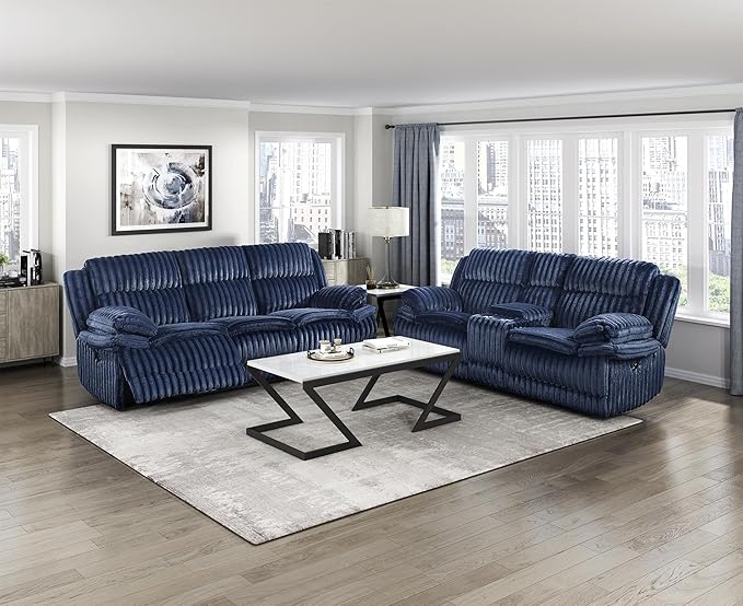 Lexicon Goodland Corduroy Double Reclining Love Seat with Center Console in Blue