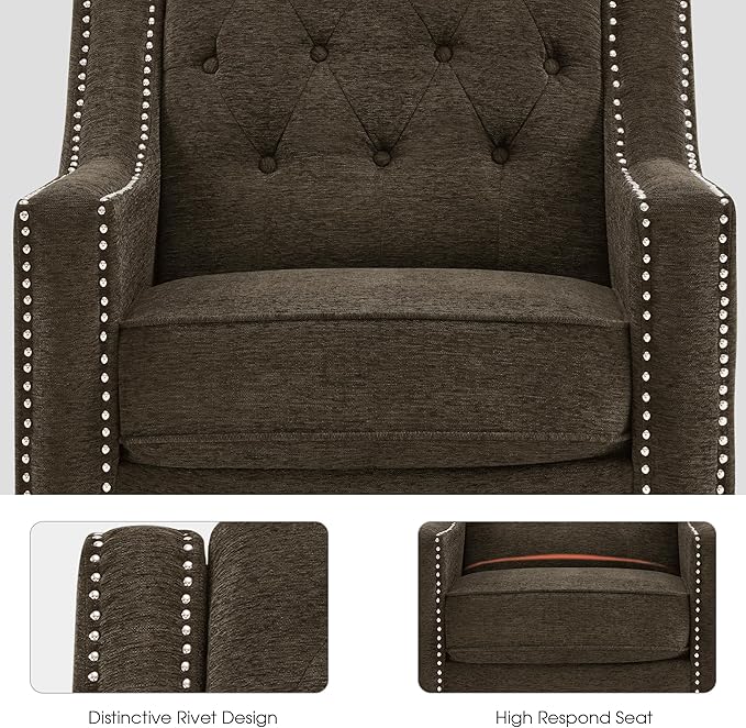MCombo Modern Accent Chair with High Legs Chenille Upholstered Single Sofa Chair with Tufted Button Back &amp Ergonomic Armrests Solid Wood Legs for Living Room Bedroom 4260 (Brown)